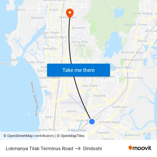 Lokmanya Tilak Terminus Road to Dindoshi map