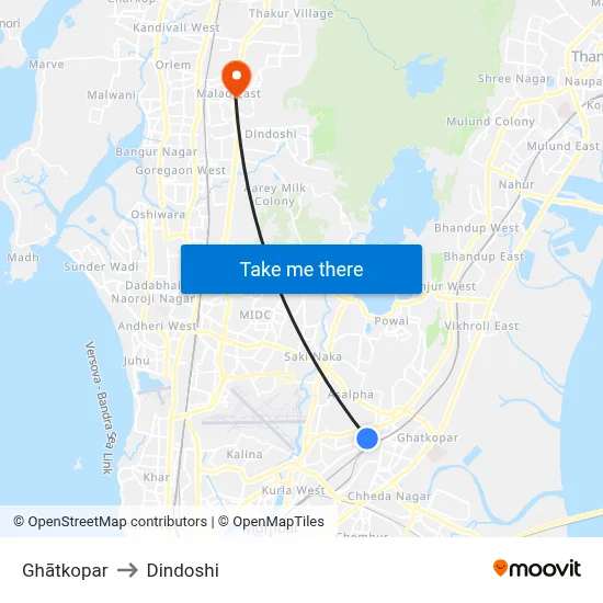 Ghātkopar to Dindoshi map