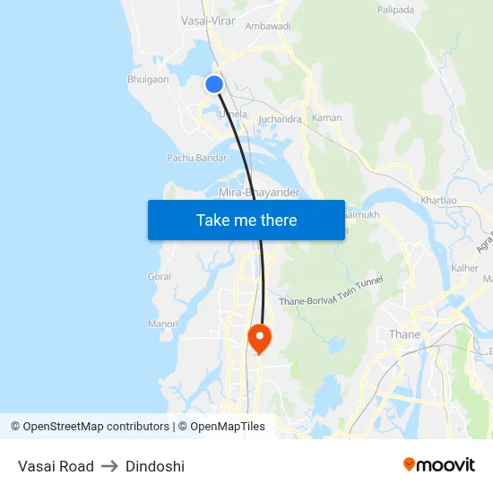 Vasai Road to Dindoshi map