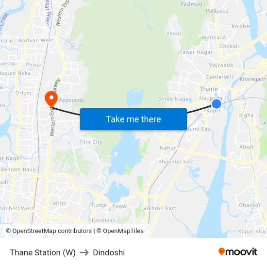 Thane Station (W) to Dindoshi map