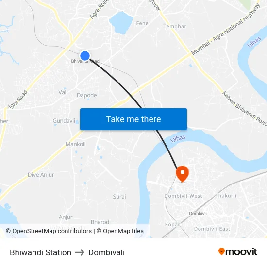 Bhiwandi Station to Dombivali map