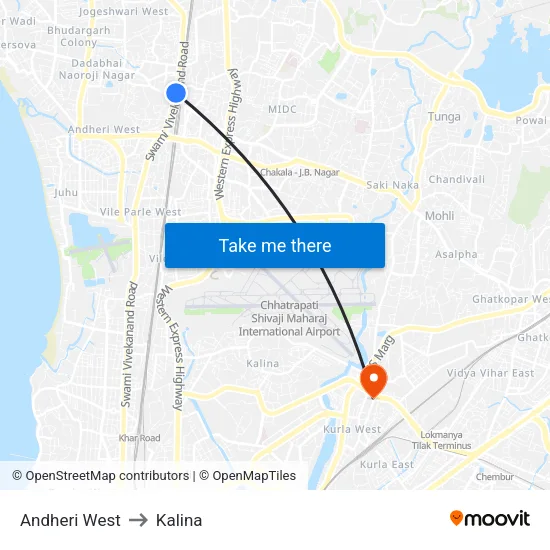 Andheri West to Kalina map
