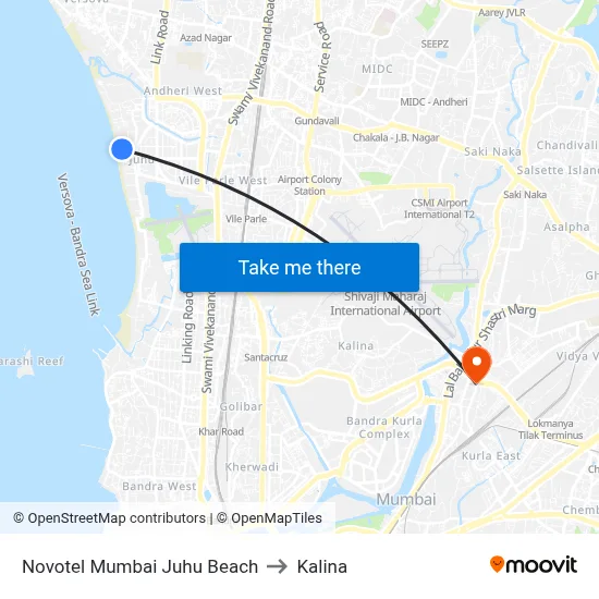 Novotel Mumbai Juhu Beach to Kalina map