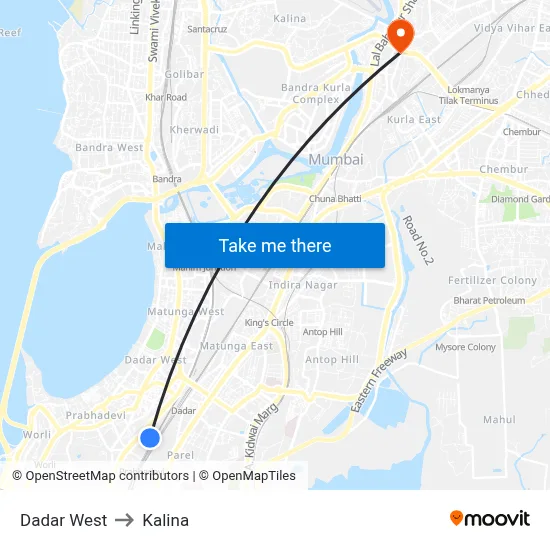 Dadar West to Kalina map