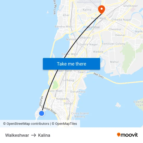 Walkeshwar to Kalina map