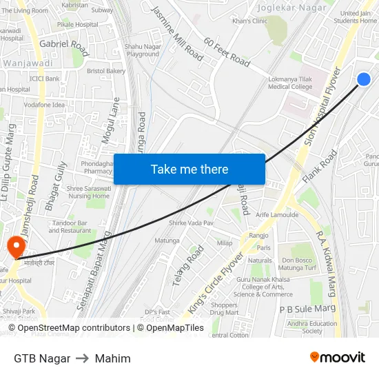GTB Nagar to Mahim map
