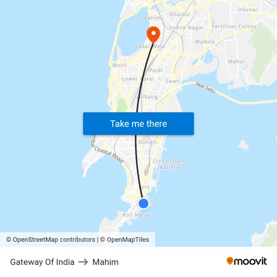 Gateway Of India to Mahim map