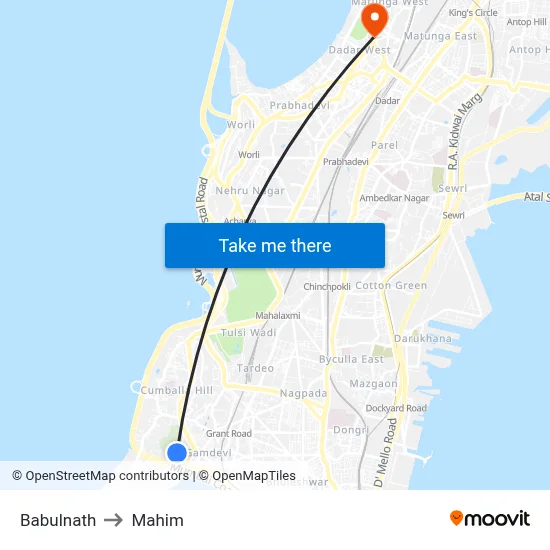 Babulnath to Mahim map