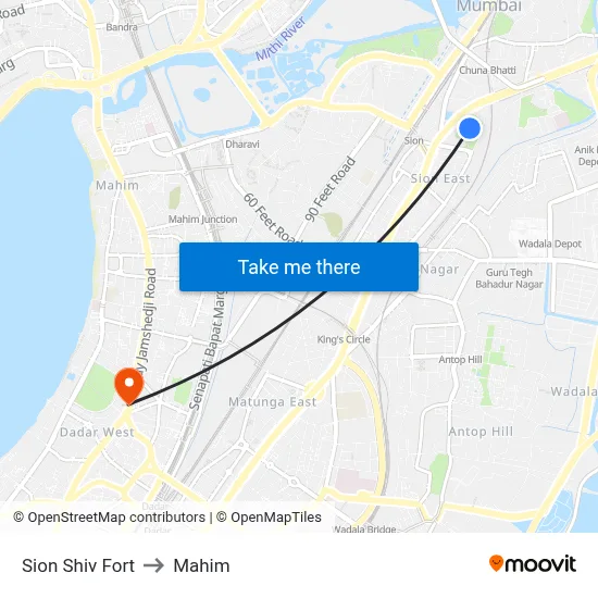 Sion Shiv Fort to Mahim map
