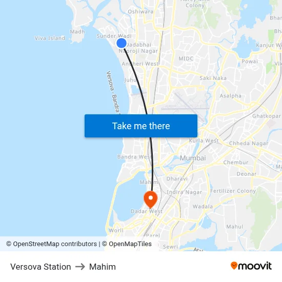 Versova Station to Mahim map