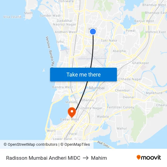 Radisson Mumbai Andheri MIDC to Mahim map