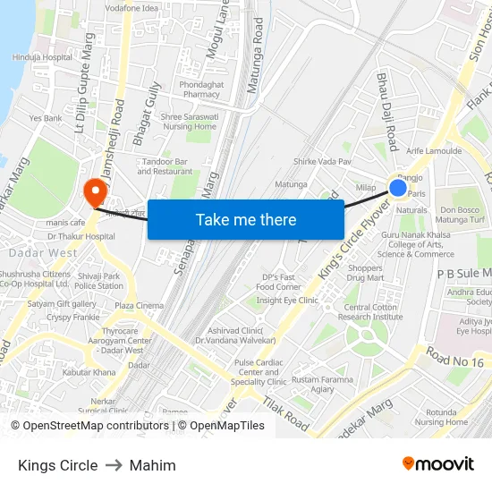 Kings Circle to Mahim map