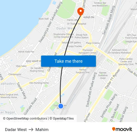 Dadar West to Mahim map