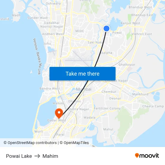 Powai Lake to Mahim map