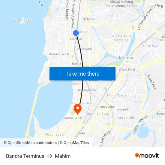 Bandra Terminus to Mahim map