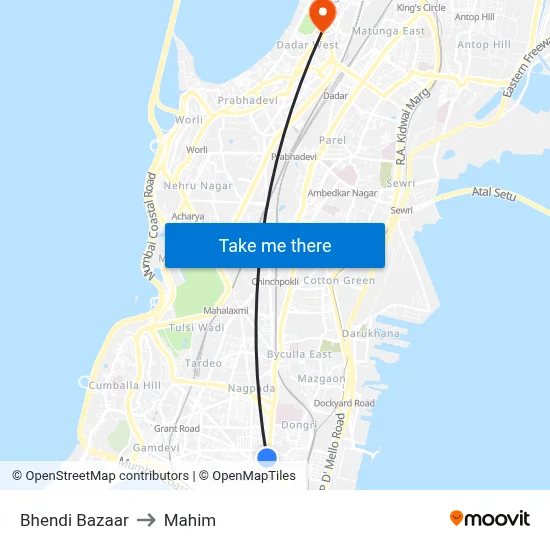 Bhendi Bazaar to Mahim map