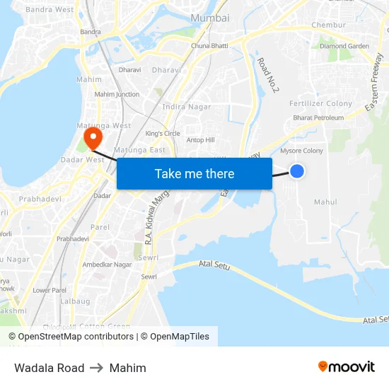 Wadala Road to Mahim map