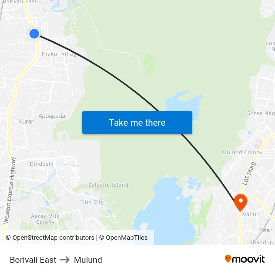 Borivali East to Mulund map