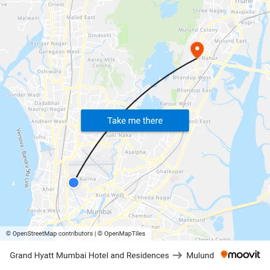 Grand Hyatt Mumbai Hotel and Residences to Mulund map