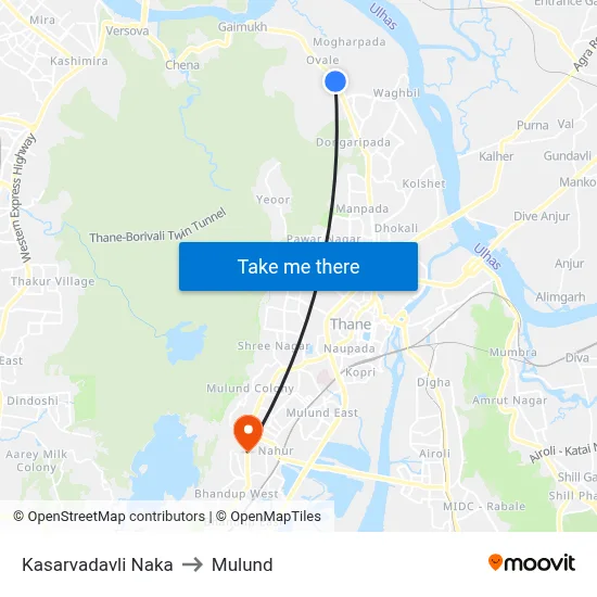 Kasarvadavli Naka to Mulund map