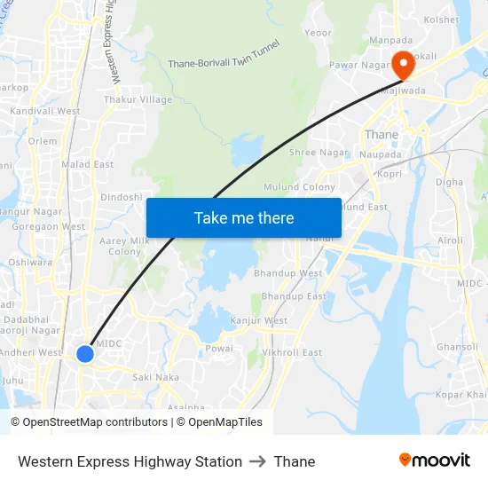 Western Express Highway Station to Thane map