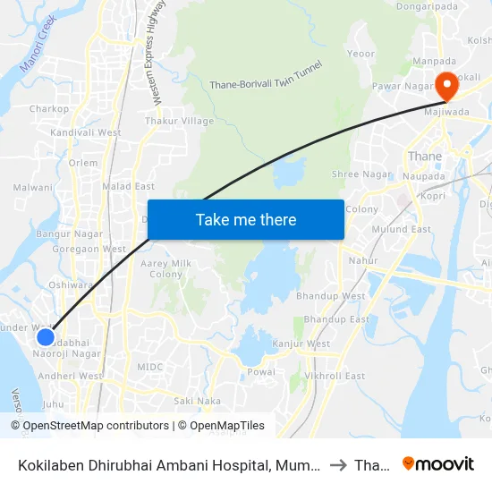 Kokilaben Dhirubhai Ambani Hospital, Mumbai to Thane map