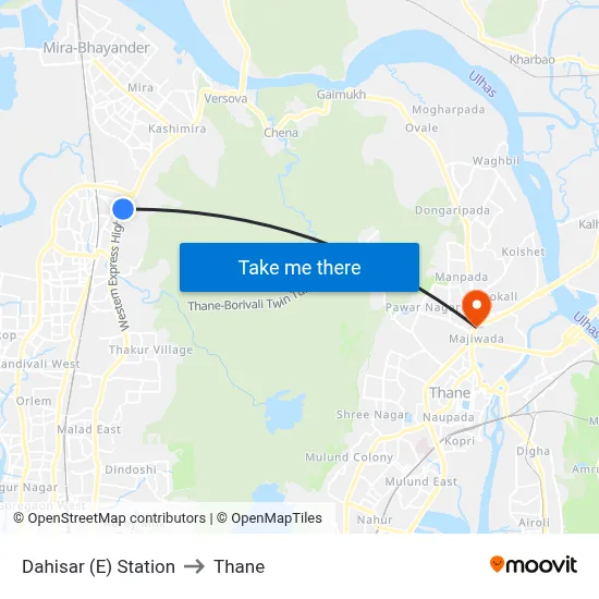 दहीसर (पूर्व) स्टेशन to ठाणे map
