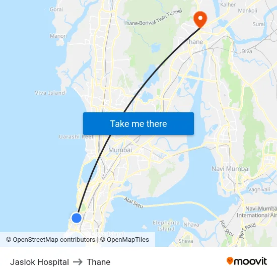 Jaslok Hospital to Thane map