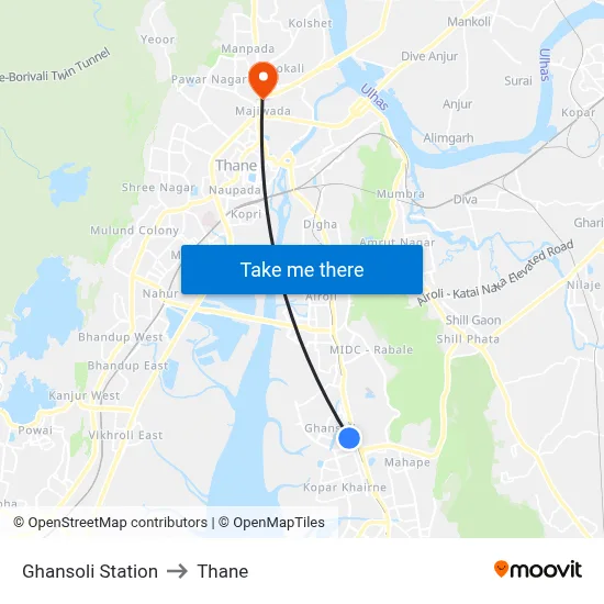 Ghansoli Station to Thane map
