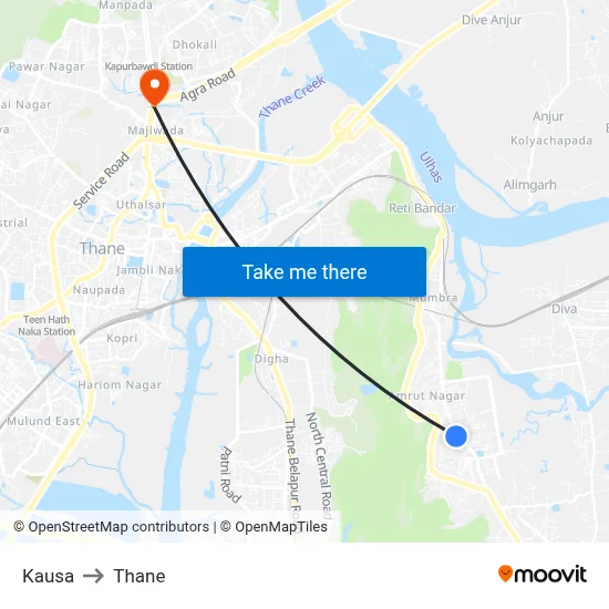 Kausa to Thane map