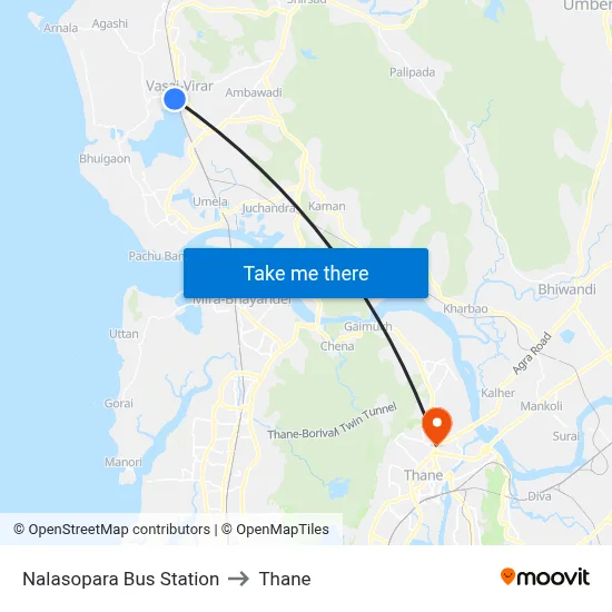 Nalasopara Bus Station to Thane map