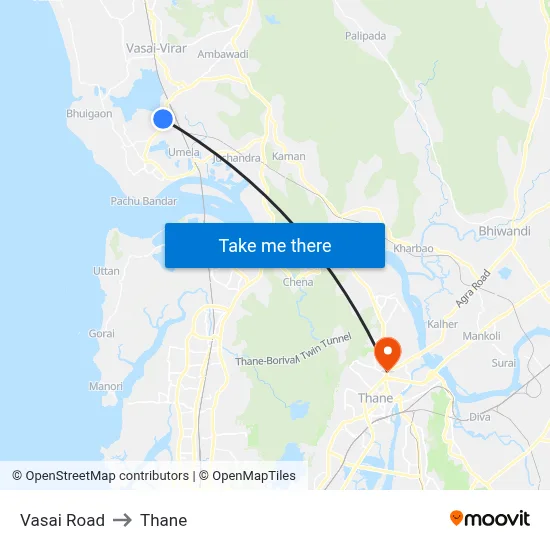 Vasai Road to Thane map