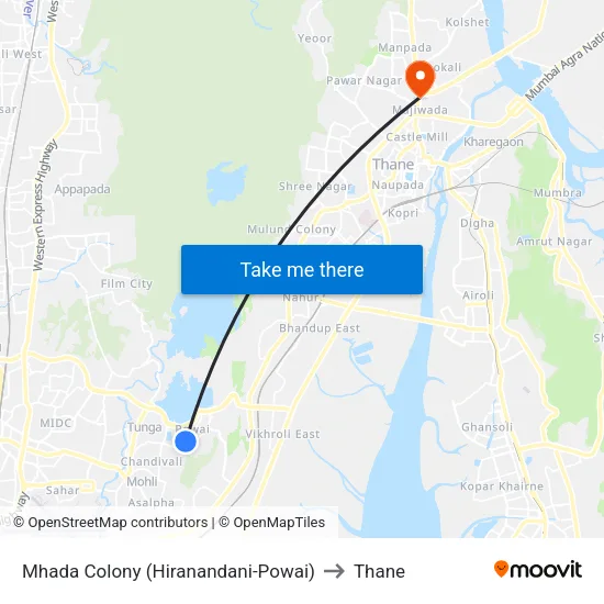 Mhada Colony (Hiranandani-Powai) to Thane map