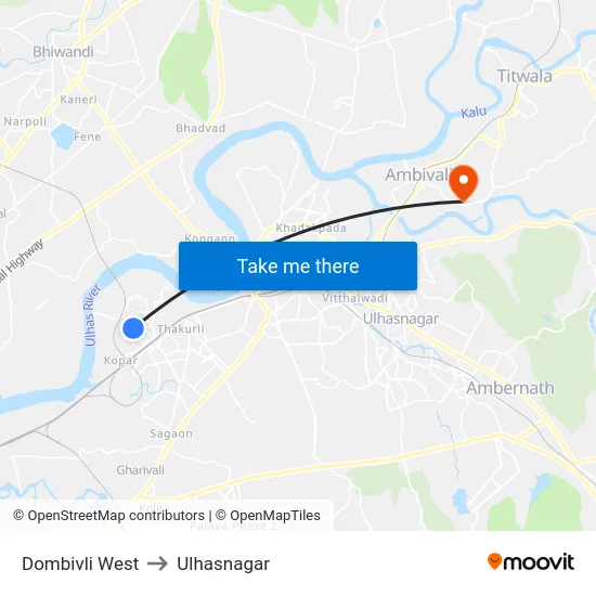 Dombivli West to Ulhasnagar map