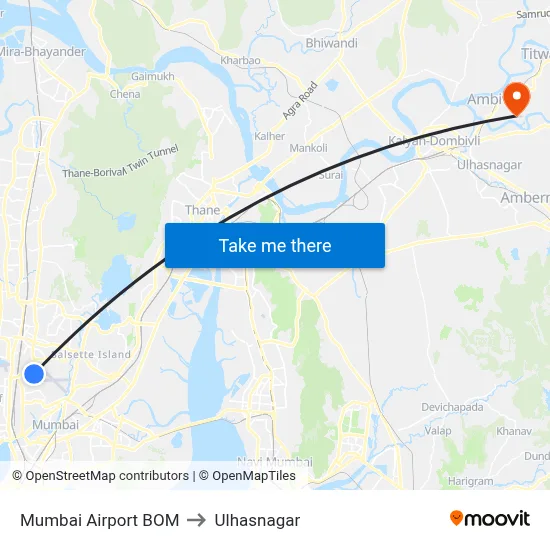 Mumbai Airport BOM to Ulhasnagar map
