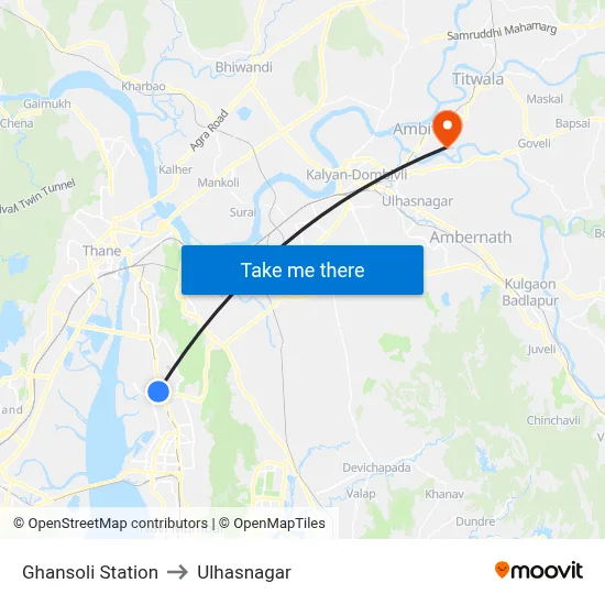 Ghansoli Station to Ulhasnagar map