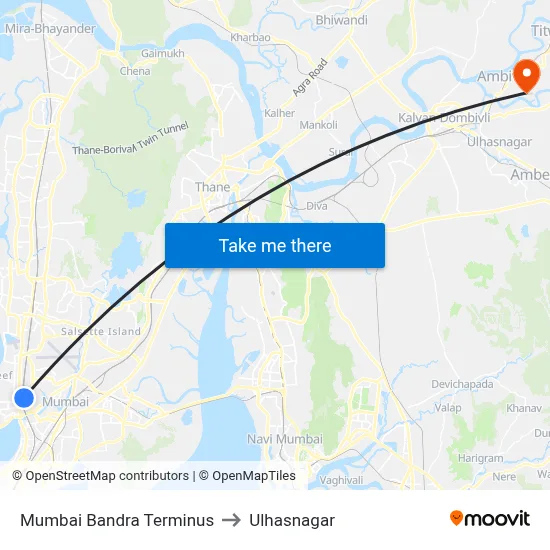 Mumbai Bandra Terminus to Ulhasnagar map