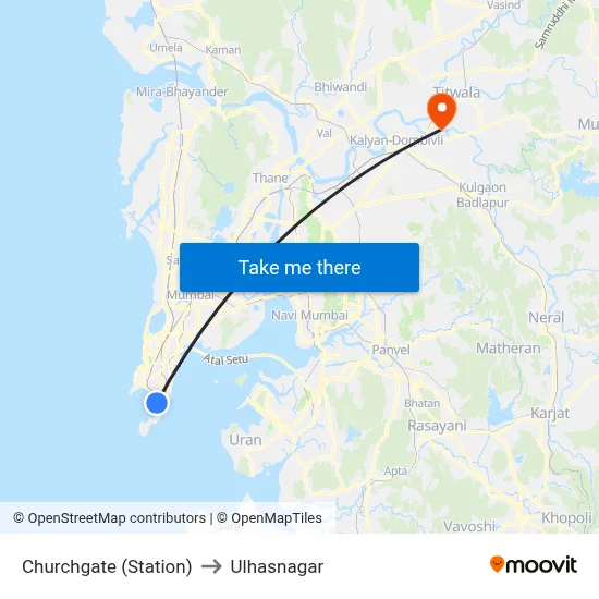 Churchgate (Station) to Ulhasnagar map