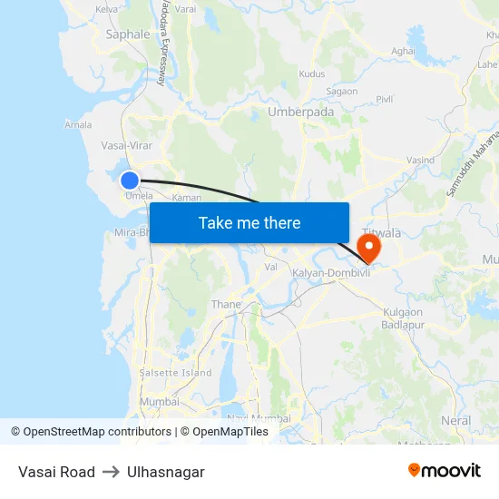 Vasai Road to Ulhasnagar map