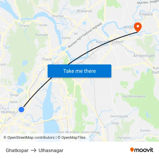 Ghatkopar to Ulhasnagar map