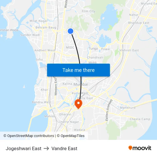 Jogeshwari East to Vandre East map