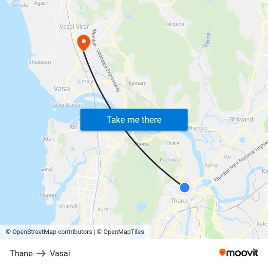 Thane to Vasai map