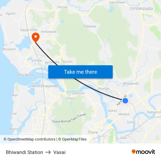 Bhiwandi Station to Vasai map