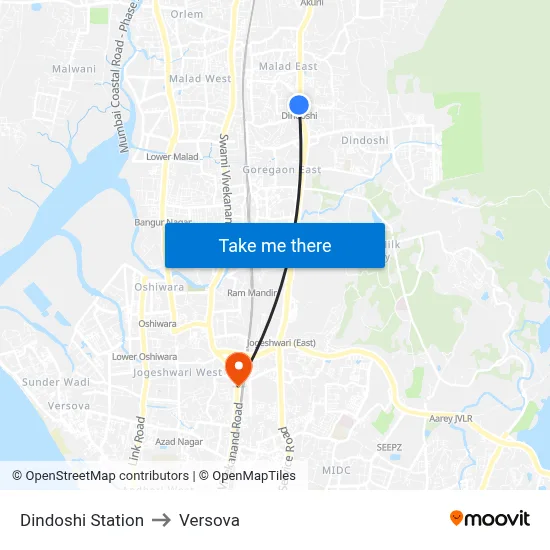 Dindoshi Station to Versova map