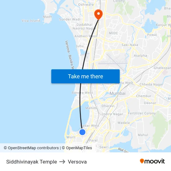 Siddhivinayak Temple to Versova map