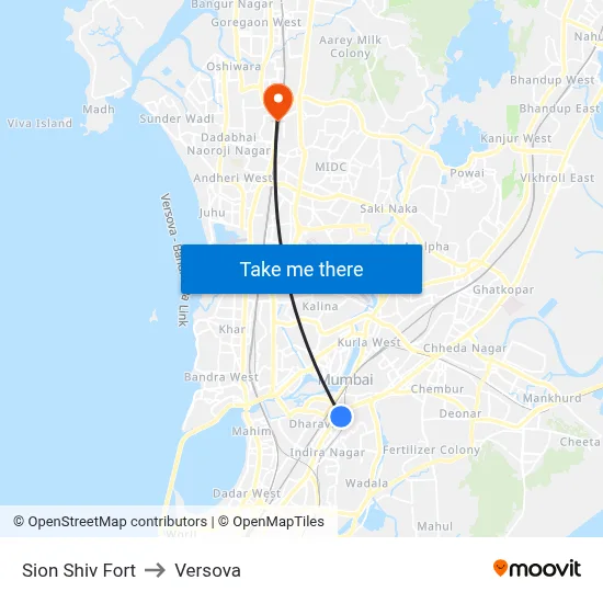 Sion Shiv Fort to Versova map