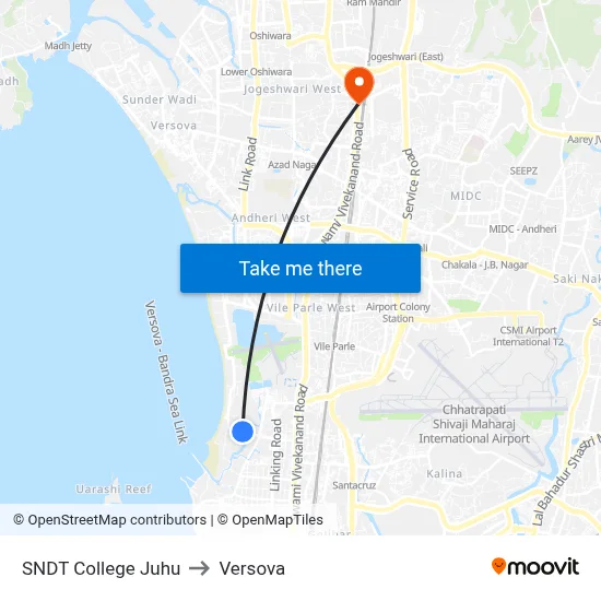 SNDT College Juhu to Versova map