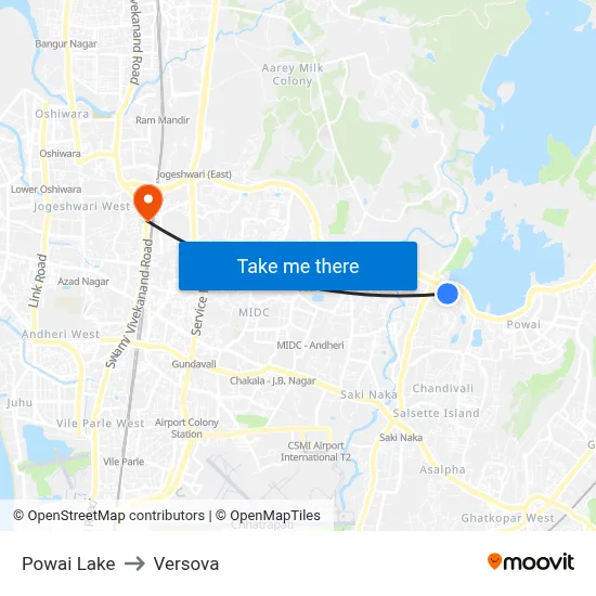 Powai Lake to Versova map