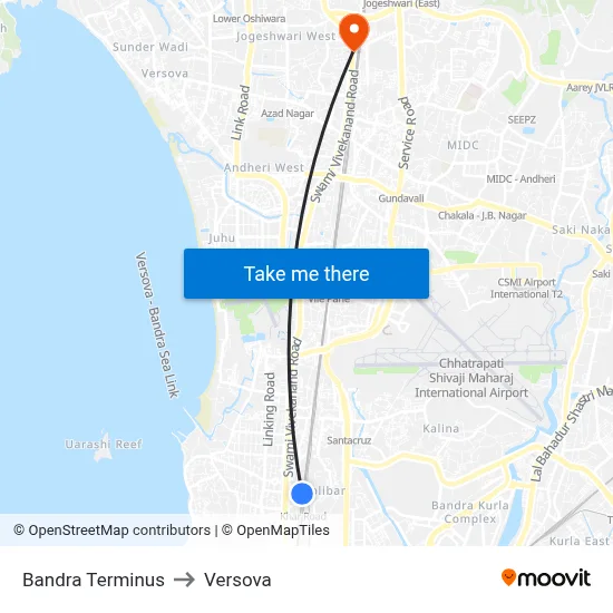 Bandra Terminus to Versova map