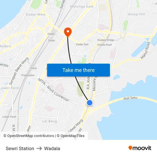 Sewri Station to Wadala map